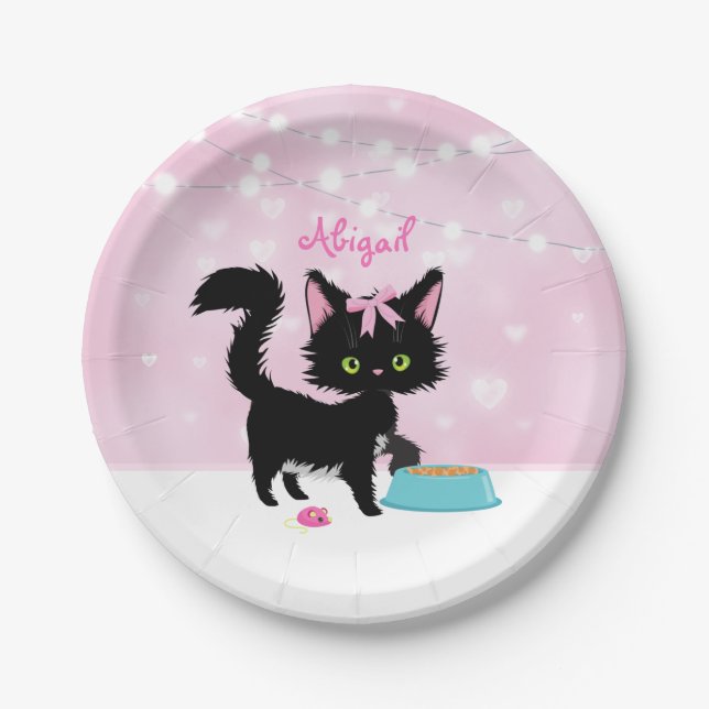 Personalized Cat Pink and White Girly Kitten Paper Plate (Front)