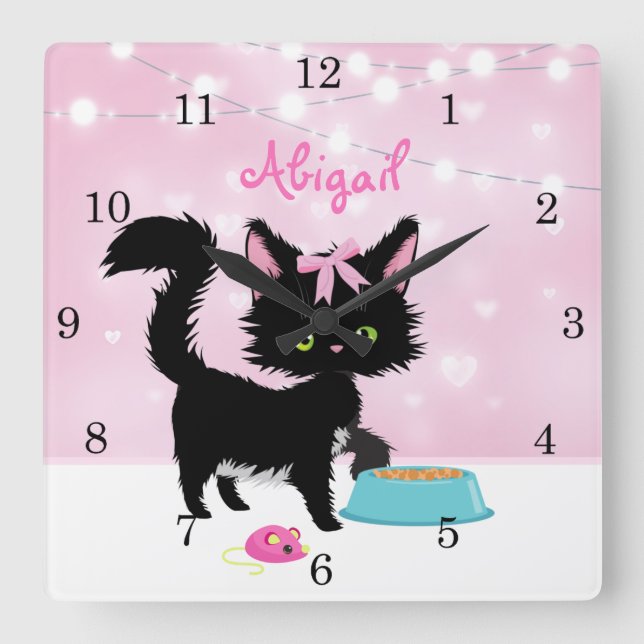 Personalized Cat Pink and White Girly Kitten Square Wall Clock (Front)