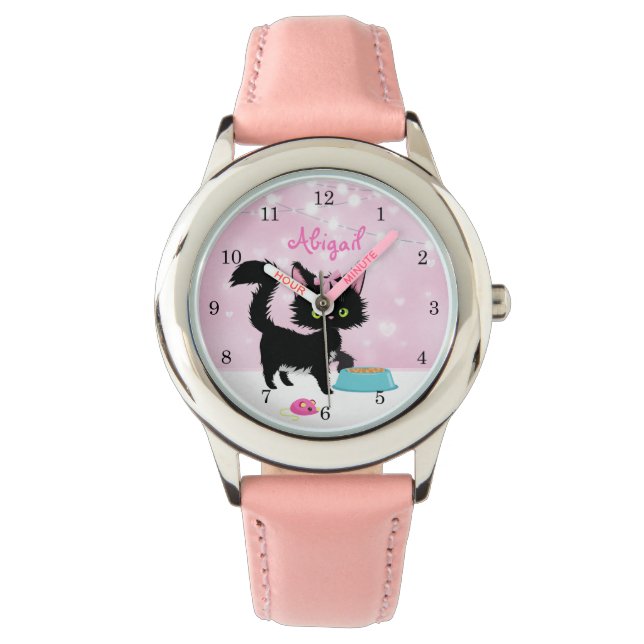 Personalized Cat Pink and White Girly Kitten Watch (Front)