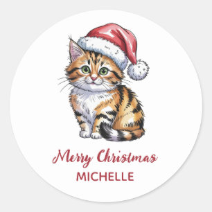 Personalized Cat with Santa Hat Christmas  Classic Round Sticker