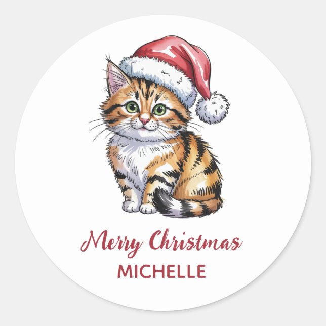 Personalized Cat with Santa Hat Christmas  Classic Round Sticker (Front)