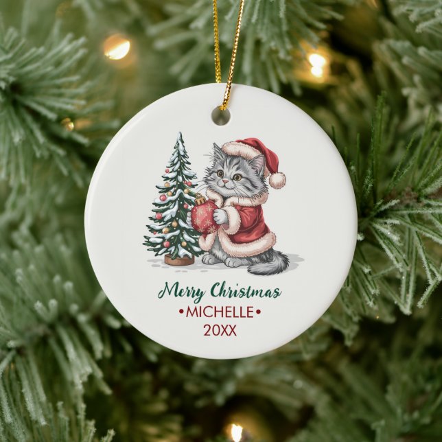 Personalized Cat with Santa Hat Christmas tree     Ceramic Ornament (Tree)