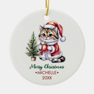 Personalized Cat with Santa Hat Christmas tree     Ceramic Ornament