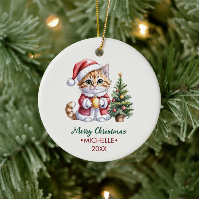 Personalized Cat with Santa Hat Christmas tree     Ceramic Ornament (Tree)