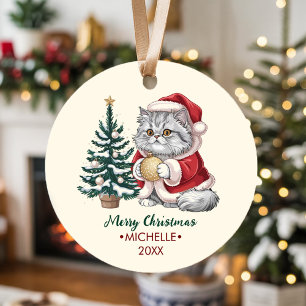 Personalized Cat with Santa Hat Christmas tree Ceramic Ornament