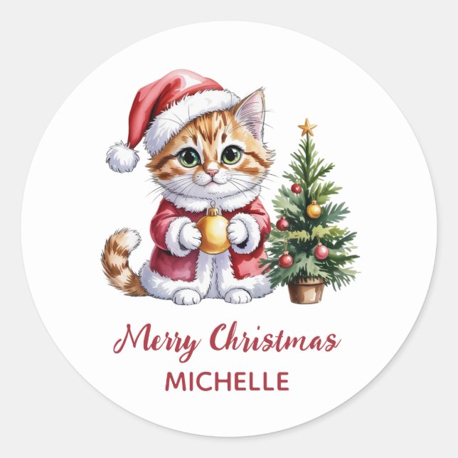 Personalized Cat with Santa Hat Christmas tree  Classic Round Sticker (Front)