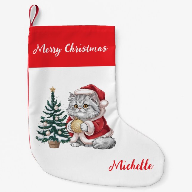 Personalized Cat with Santa Hat Christmas tree     Small Christmas Stocking (Front)