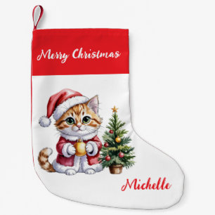 Personalized Cat with Santa Hat Christmas tree     Small Christmas Stocking
