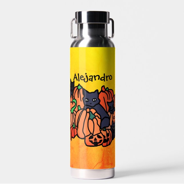 Personalized Cats and Pumpkins in Halloween Water Bottle (Front)