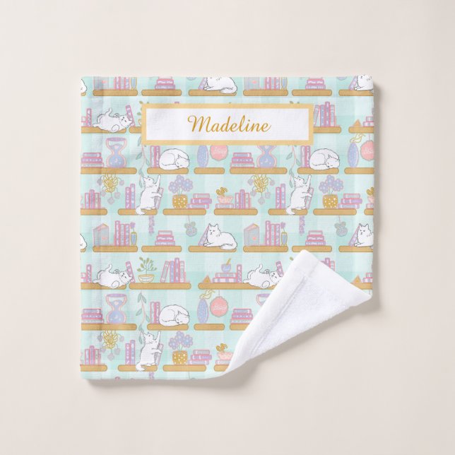 Personalized Cat's Library Bookish Pastel Green (Gant de toilette)