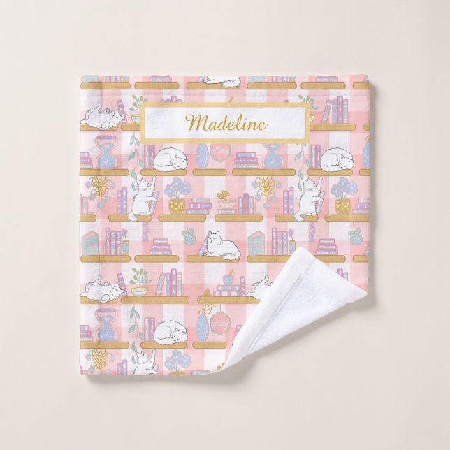 Personalized Cat's Library Bookish Pastel Pink (Gant de toilette)