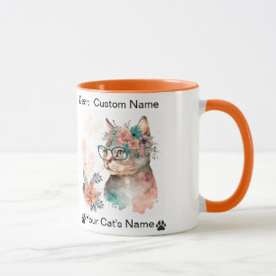 Personalized Cat's Photo and Name Floral Cat Glass Mug