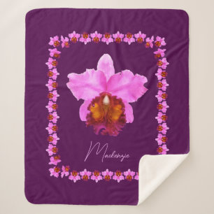 Personalized Cattleya Orchid Motif Print Sherpa Blanket