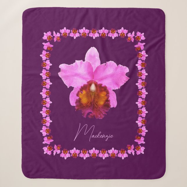 Personalized Cattleya Orchid Motif Print Sherpa Blanket (Front)