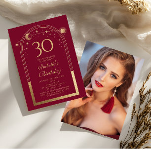 Personalized Celestial 30th Birthday Red Gold Invitation