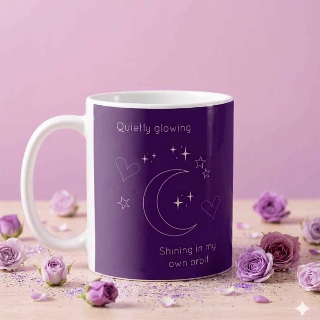 Personalized Celestial Design Coffee Mug (Purple coffee mug with line art crescent moon, stars, hearts and customizable texts.)