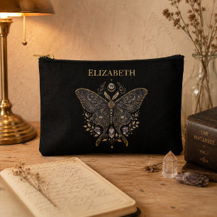 Personalized Celestial Moth Dark Botanical Accessory Pouch