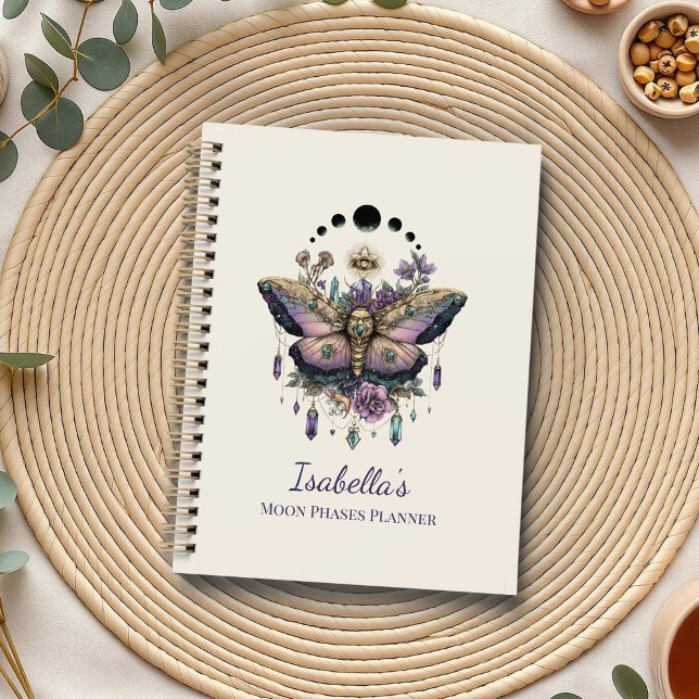 Personalized Celestial Moth & Moon Phases Witchy (Personalized Celestial Moth & Moon Phases Witchy Planner on a boho table with herbs and a cup of tea)