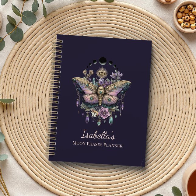 Personalized Celestial Moth & Moon Phases Witchy Planner (Personalized Celestial Moth & Moon Phases Witchy Planner on a boho table with botanicals)