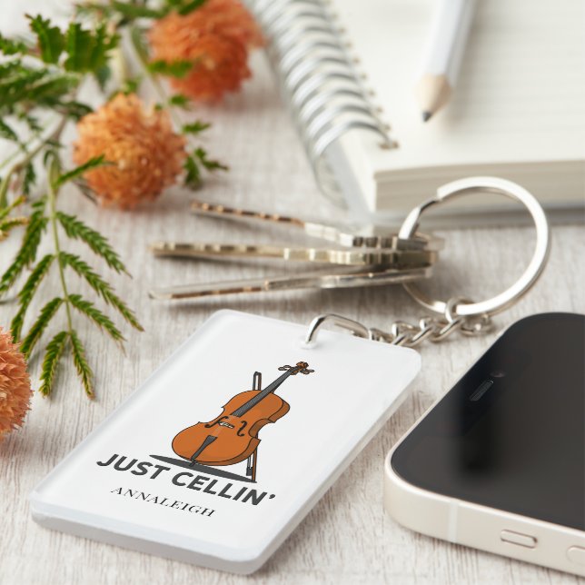 Personalized Cello Just Cellin Cellist Gag Keychain (Front Right)