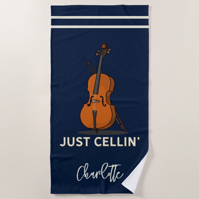 Personalized Cello Script Monogram Musician Beach Towel (Front)