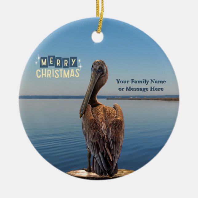 Personalized Ceramic Pelican Christmas Ornament (Front)