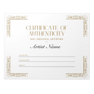 Personalized Certificate of Authenticity Notepad