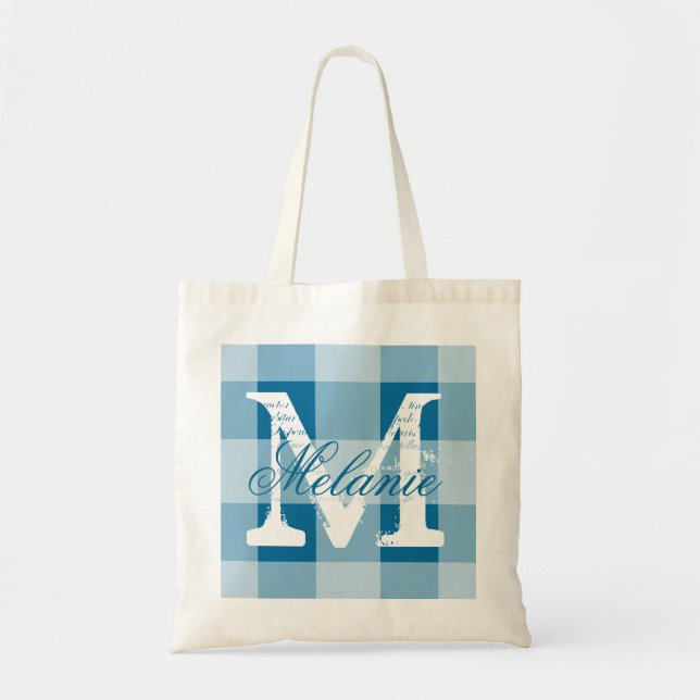 Personalized cerulean gingham monogram tote bag (Front)