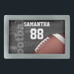 Personalized Chalkboard American Football Belt Buckle<br><div class="desc">A modern American football grid iron design featuring a football on a chalkboard typography background with football terminology in the background. The design features customizable text for the name and number of the football player or grid iron fan. This design has been made in part with graphics licensed by Graphics...</div>
