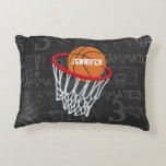 Personalized Chalkboard Basketball and Hoop Accent Pillow<br><div class="desc">Personalized basketball and hoop design on a dark and light grey chalkboard design background with a pattern of basketball terms. Just customize the name to add the name of the basktball fan, basketball player or basketball coach. Ideal for netball players too! We welcome custom requests. Please contact us via our...</div>