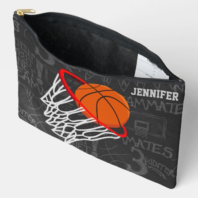 Personalized Chalkboard Basketball and Hoop Accessory Pouch (Open)