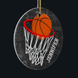 Personalized Chalkboard Basketball and Hoop Ceramic Ornament<br><div class="desc">Personalized basketball and hoop design on a dark and light grey chalkboard design background with a pattern of basketball terms. Just customize the name to add the name of the basktball fan, basketball player or basketball coach. Ideal for netball players too! We welcome custom requests. Please contact us via our...</div>