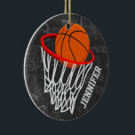 Personalized Chalkboard Basketball and Hoop Ceramic Ornament<br><div class="desc">Personalized basketball and hoop design on a dark and light grey chalkboard design background with a pattern of basketball terms. Just customize the name to add the name of the basktball fan, basketball player or basketball coach. Ideal for netball players too! We welcome custom requests. Please contact us via our...</div>