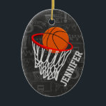 Personalized Chalkboard Basketball and Hoop Ceramic Ornament<br><div class="desc">Personalized basketball and hoop design on a dark and light grey chalkboard design background with a pattern of basketball terms. Just customize the name to add the name of the basktball fan, basketball player or basketball coach. Ideal for netball players too! We welcome custom requests. Please contact us via our...</div>