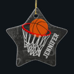 Personalized Chalkboard Basketball and Hoop Ceramic Ornament<br><div class="desc">Personalized basketball and hoop design on a dark and light grey chalkboard design background with a pattern of basketball terms. Just customize the name to add the name of the basktball fan, basketball player or basketball coach. Ideal for netball players too! We welcome custom requests. Please contact us via our...</div>