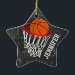 Personalized Chalkboard Basketball and Hoop Ceramic Ornament<br><div class="desc">Personalized basketball and hoop design on a dark and light grey chalkboard design background with a pattern of basketball terms. Just customize the name to add the name of the basktball fan, basketball player or basketball coach. Ideal for netball players too! We welcome custom requests. Please contact us via our...</div>