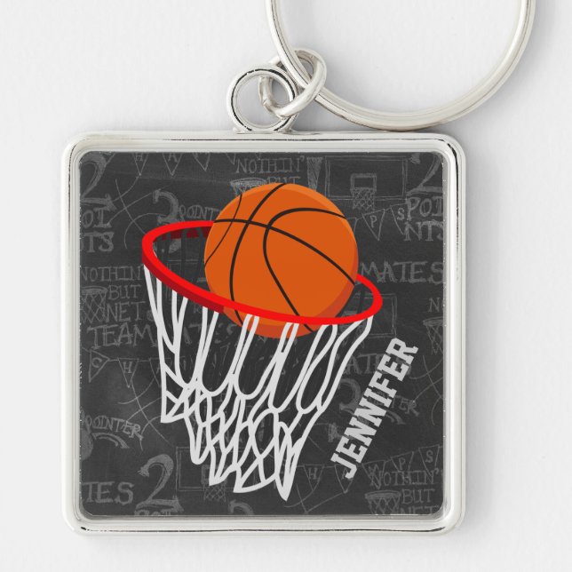 Personalized Chalkboard Basketball and Hoop Keychain (Front)