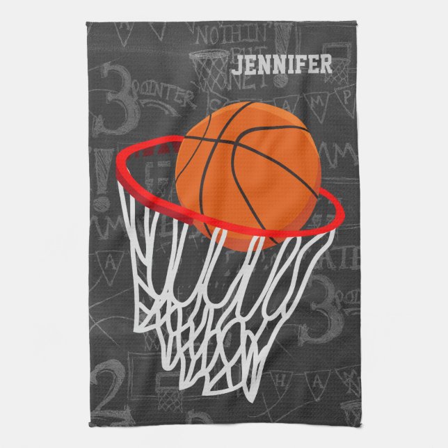 Personalized Chalkboard Basketball and Hoop Kitchen Towel (Vertical)