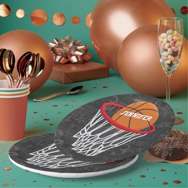 Personalized Chalkboard Basketball and Hoop Paper Plate (Multi)