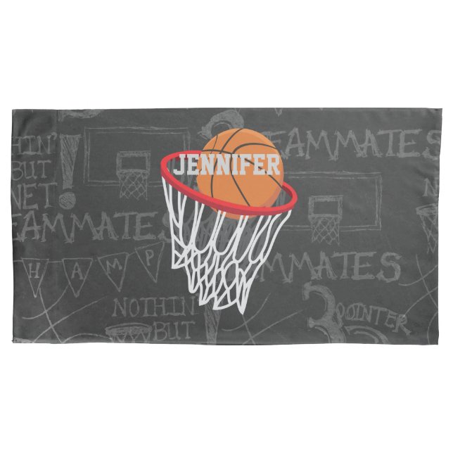 Personalized Chalkboard Basketball and Hoop Pillowcase (Front)