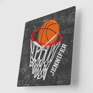 Personalized Chalkboard Basketball and Hoop Square Wall Clock