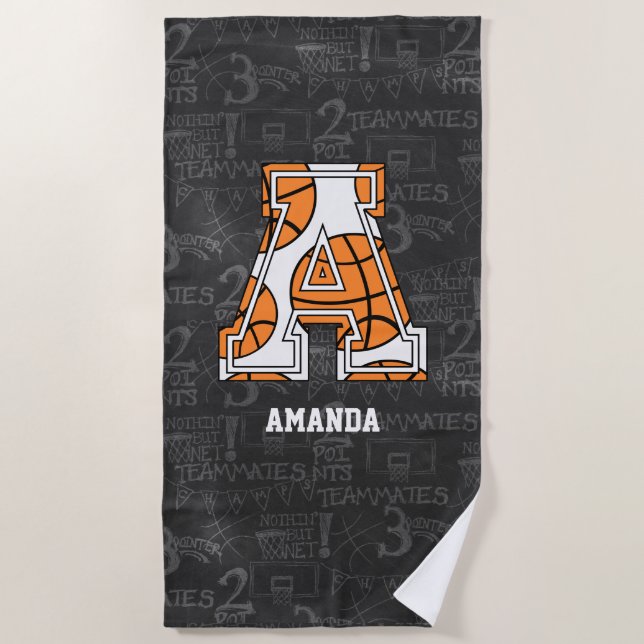 Personalized Chalkboard Basketball Letter A Beach Towel (Front)