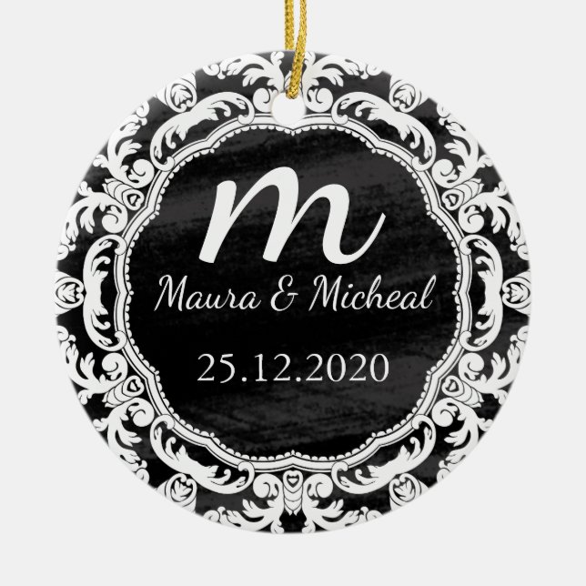 Personalized Chalkboard Monogram Wedding Date Ceramic Ornament (Front)