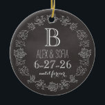 Personalized Chalkboard Monogram Wedding Date Ceramic Ornament<br><div class="desc">Celebrate the wedding day or anniversary of your favourite bride and groom with this custom ornament! An elegant white scroll chalk border on a black chalkboard background surrounds a monogram, couple's names and wedding date. “until forever” is written in script below the wedding date. Makes a beautiful, modern, personalized gift....</div>