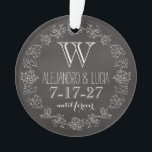 Personalized Chalkboard Monogram Wedding Date Ornament<br><div class="desc">Celebrate the wedding day or anniversary of your favourite bride and groom with this customizable ornament! An elegant white scroll chalk border on a black chalkboard background surrounds a monogram, couple's names and wedding date. “until forever” is written in script below the wedding date. Makes a beautiful, modern, personalized gift....</div>