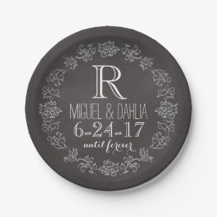 Personalized Chalkboard Monogram Wedding Date Paper Plate
