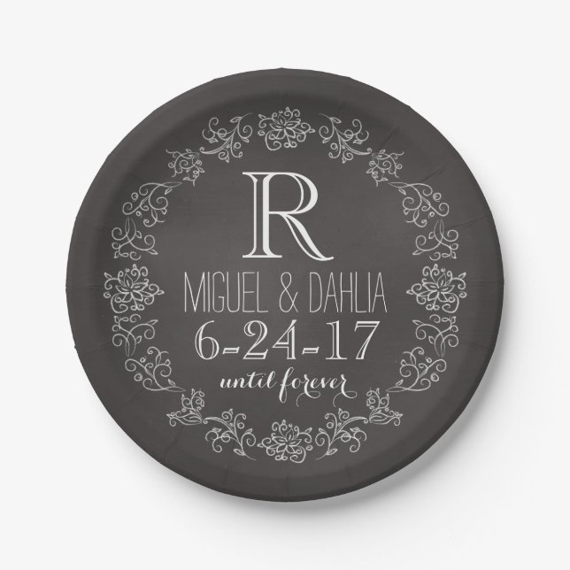 Personalized Chalkboard Monogram Wedding Date Paper Plate (Front)