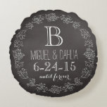 Personalized Chalkboard Monogram Wedding Date Round Pillow<br><div class="desc">Celebrate the wedding day or anniversary of your favourite bride and groom with this customizable round pillow An elegant white scroll chalk border on a black chalkboard background surrounds a monogram, couple's names and wedding date. “until forever” is written in script below the wedding date. Makes a beautiful, modern, personalized...</div>