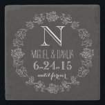 Personalized Chalkboard Monogram Wedding Date Stone Coaster<br><div class="desc">Celebrate the wedding day or anniversary of your favourite bride and groom with this customizable coaster! An elegant white scroll chalk border on a black background surrounds a monogram,  couple's names and wedding date. “until forever” is written in script below the wedding date. Makes a beautiful,  modern,  personalized gift.</div>