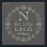 Personalized Chalkboard Monogram Wedding Date Stone Coaster<br><div class="desc">Celebrate the wedding day or anniversary of your favourite bride and groom with this customizable coaster! An elegant white scroll chalk border on a black background surrounds a monogram,  couple's names and wedding date. “until forever” is written in script below the wedding date. Makes a beautiful,  modern,  personalized gift.</div>
